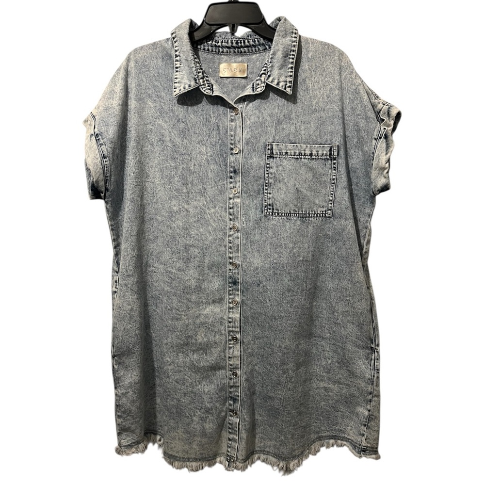 Light Acid Wash Blue Denim Short Sleeve Button Mini Dress Size Large 100% Cotton